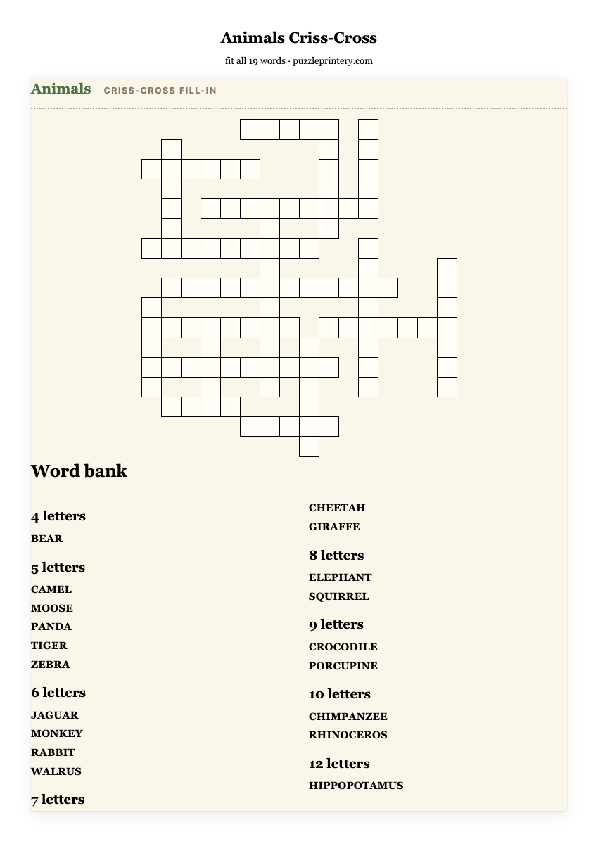 Animals criss-cross printable preview