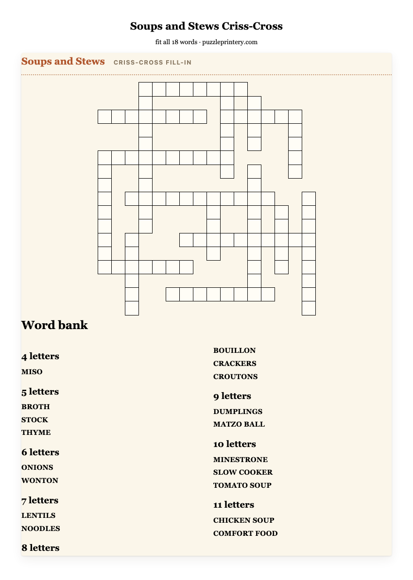 Soups and Stews criss-cross printable preview