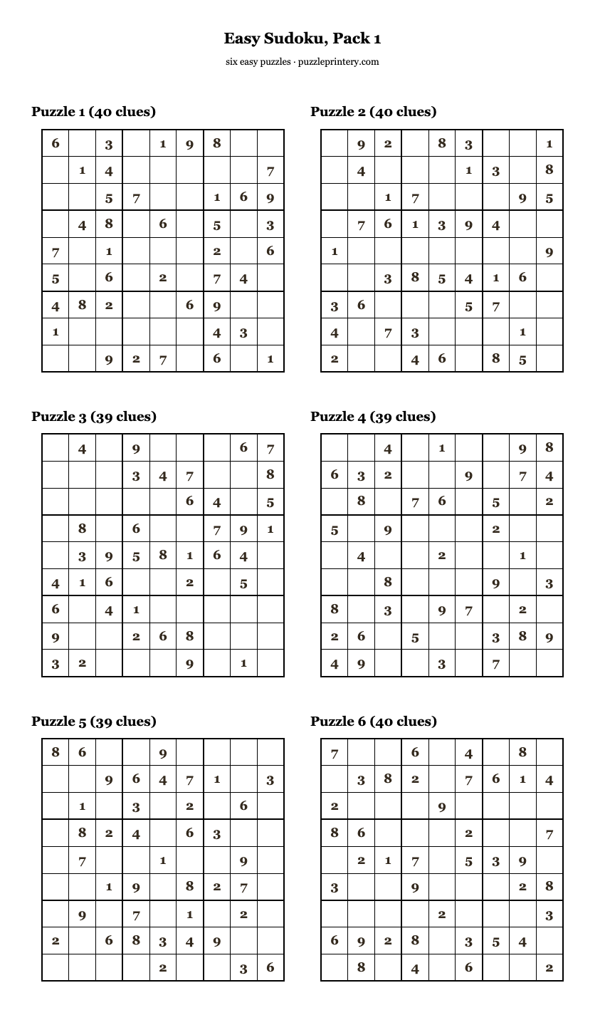 Easy Sudoku, Pack 1 printable preview