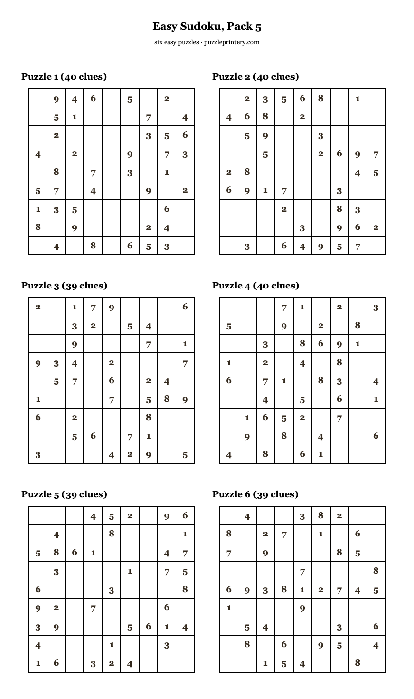 Easy Sudoku, Pack 5 printable preview
