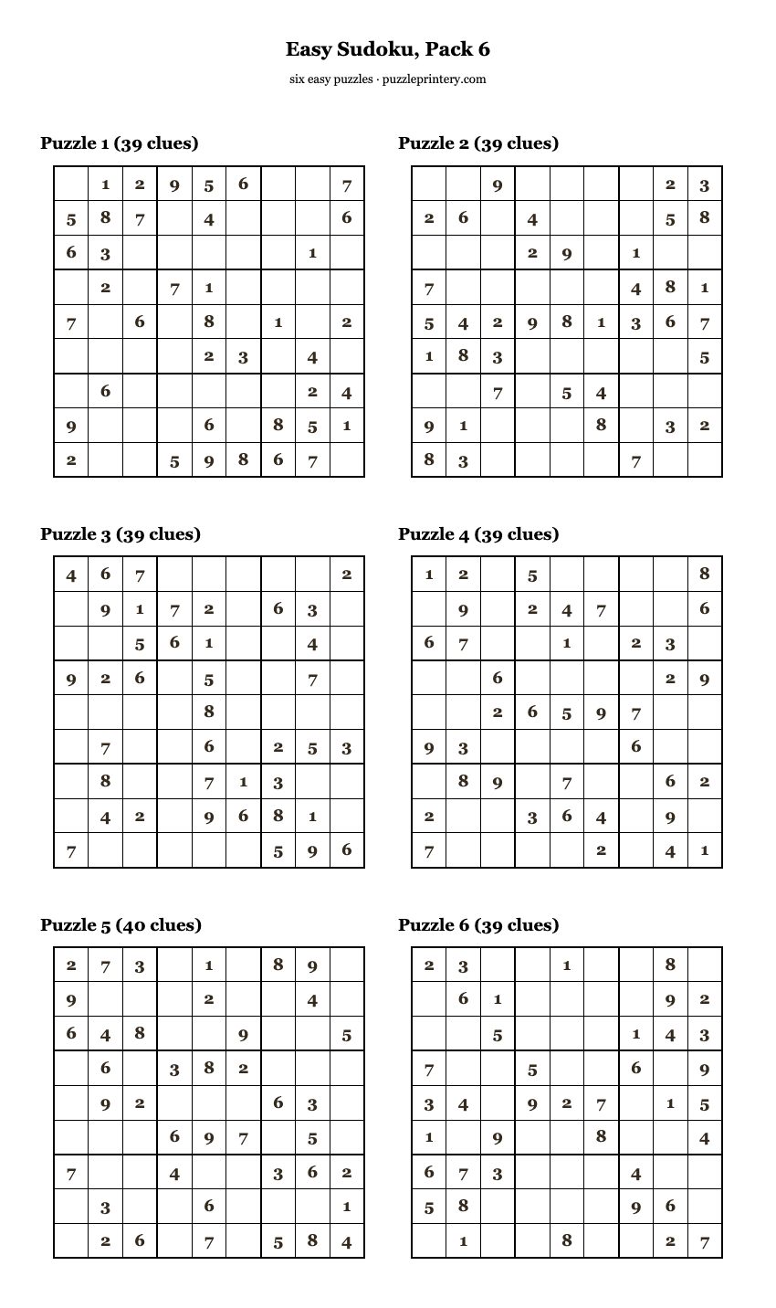 Easy Sudoku, Pack 6 printable preview