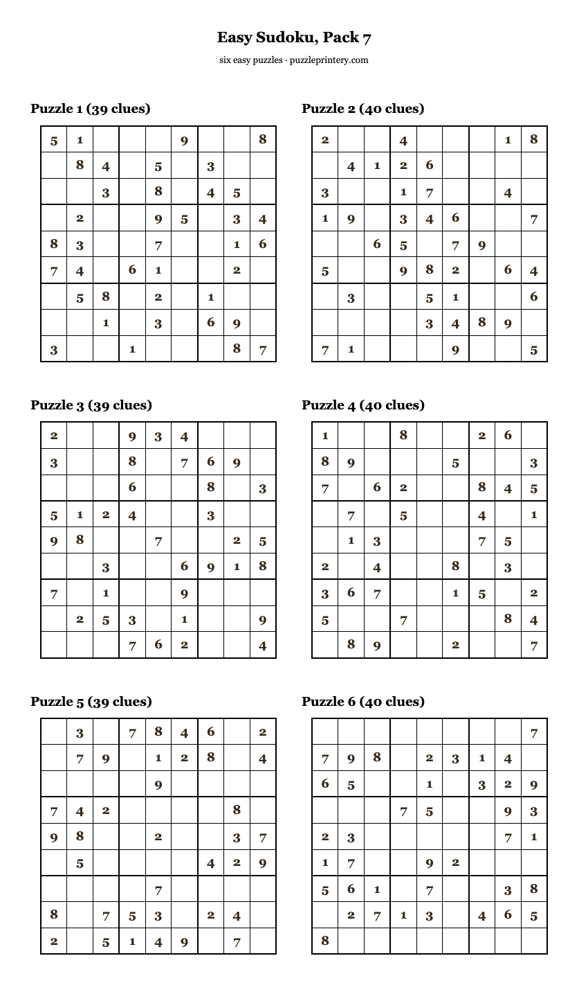 Easy Sudoku, Pack 7 printable preview