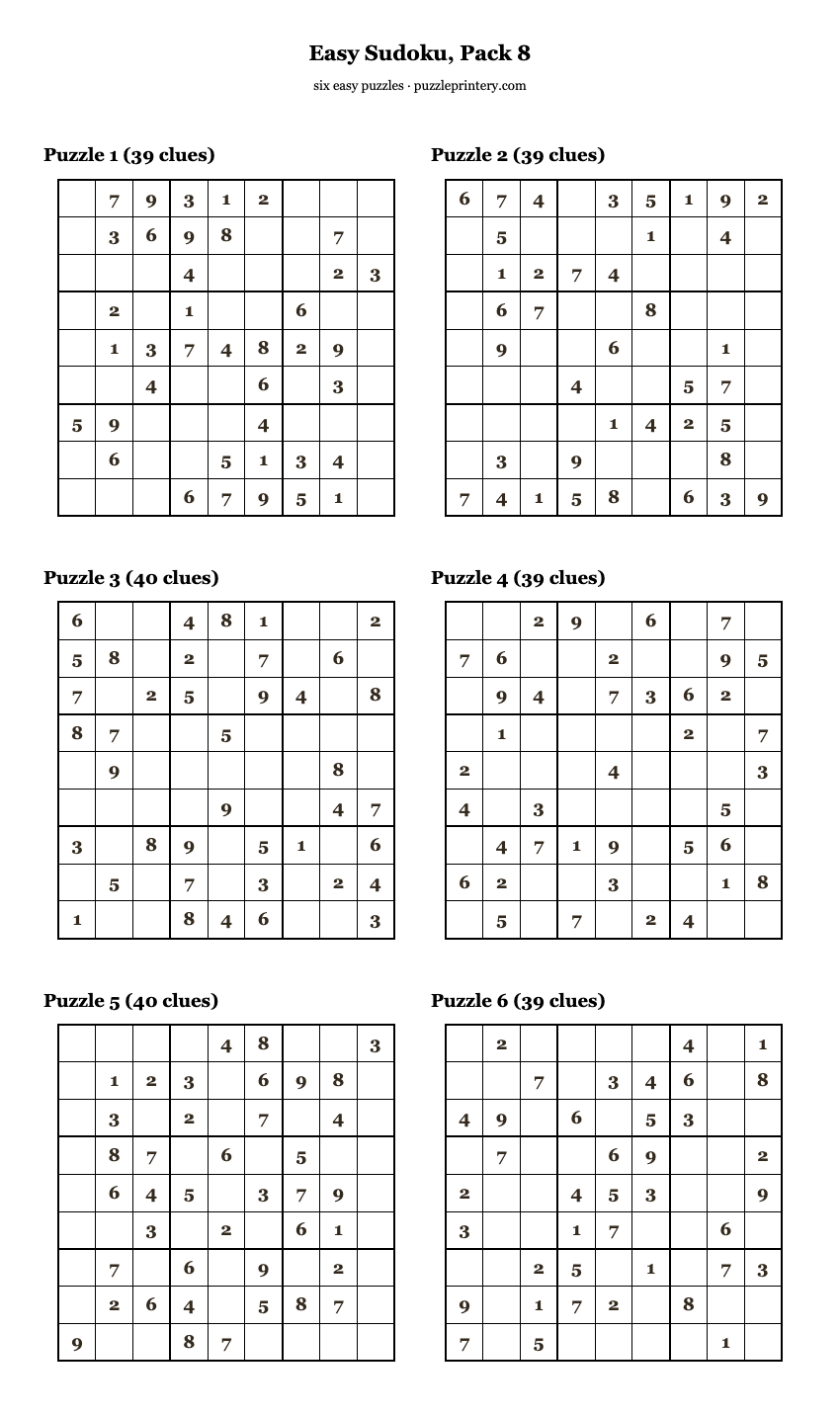 Easy Sudoku, Pack 8 printable preview