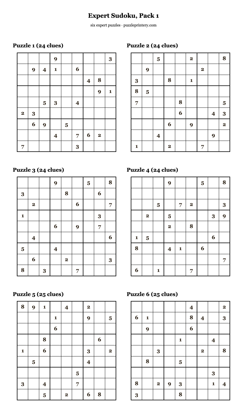 Expert Sudoku, Pack 1 printable preview