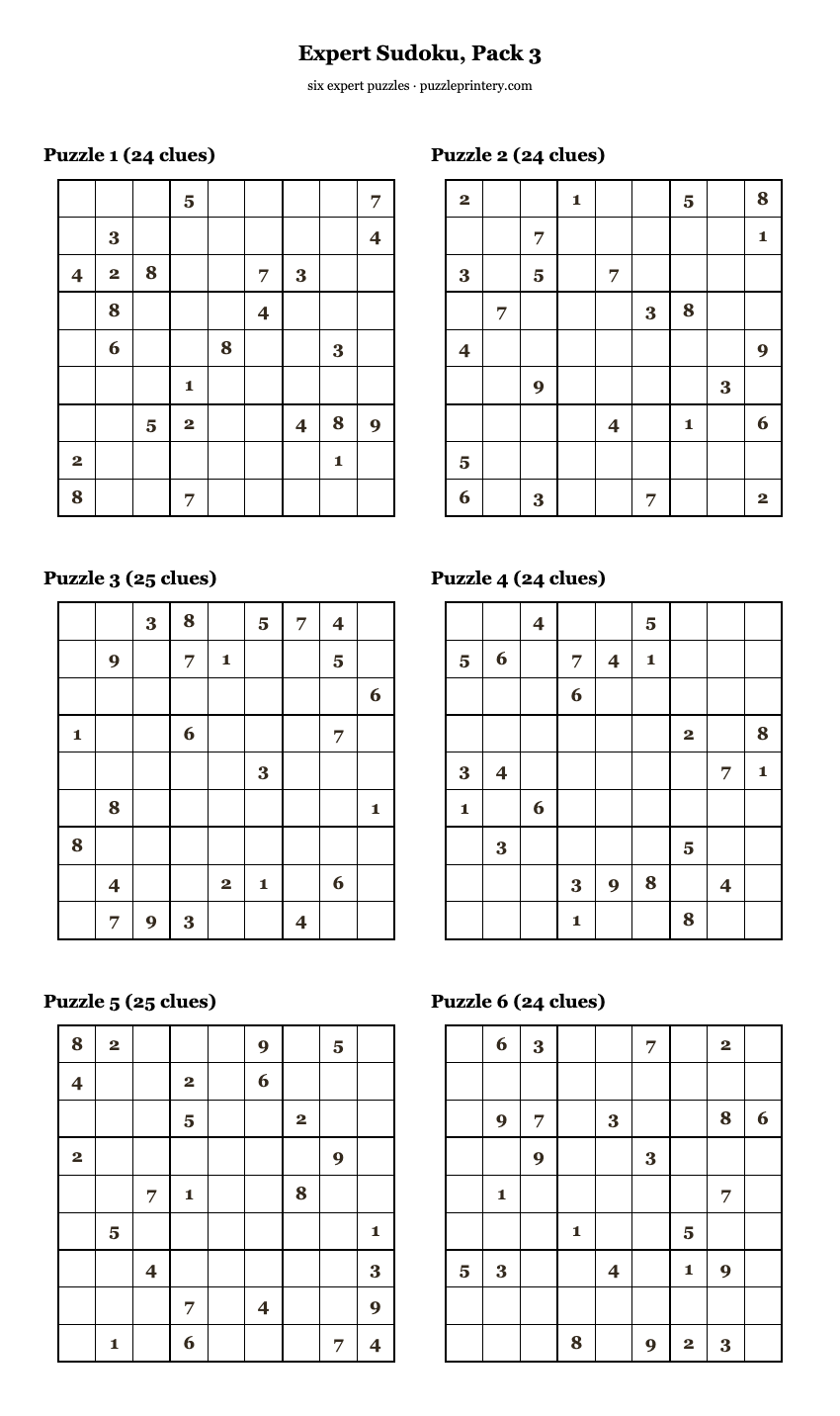 Expert Sudoku, Pack 3 printable preview