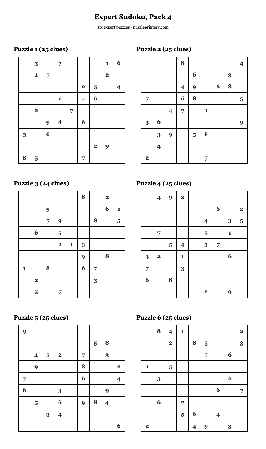Expert Sudoku, Pack 4 printable preview