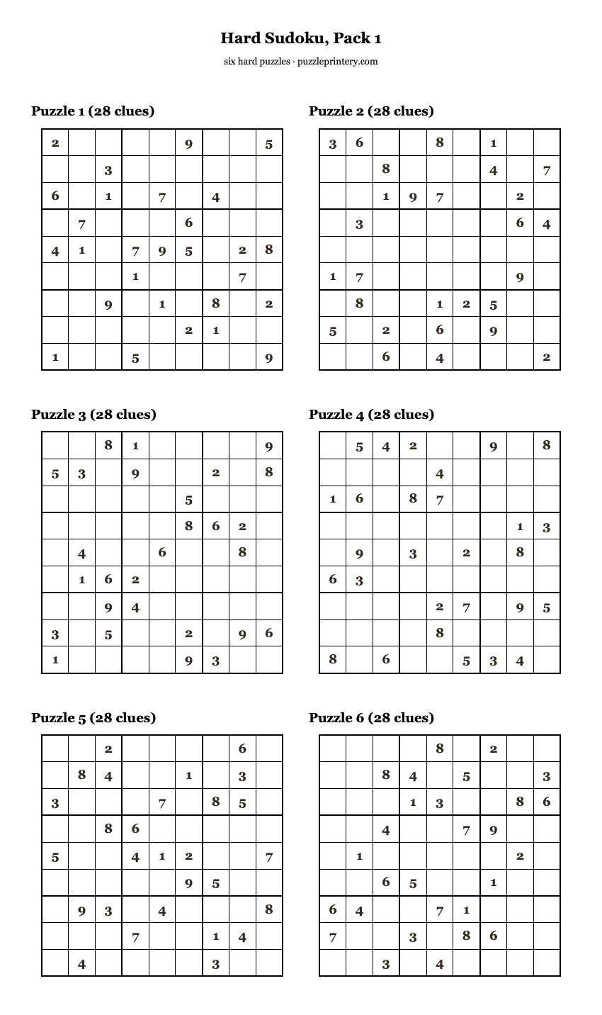 Hard Sudoku, Pack 1 printable preview