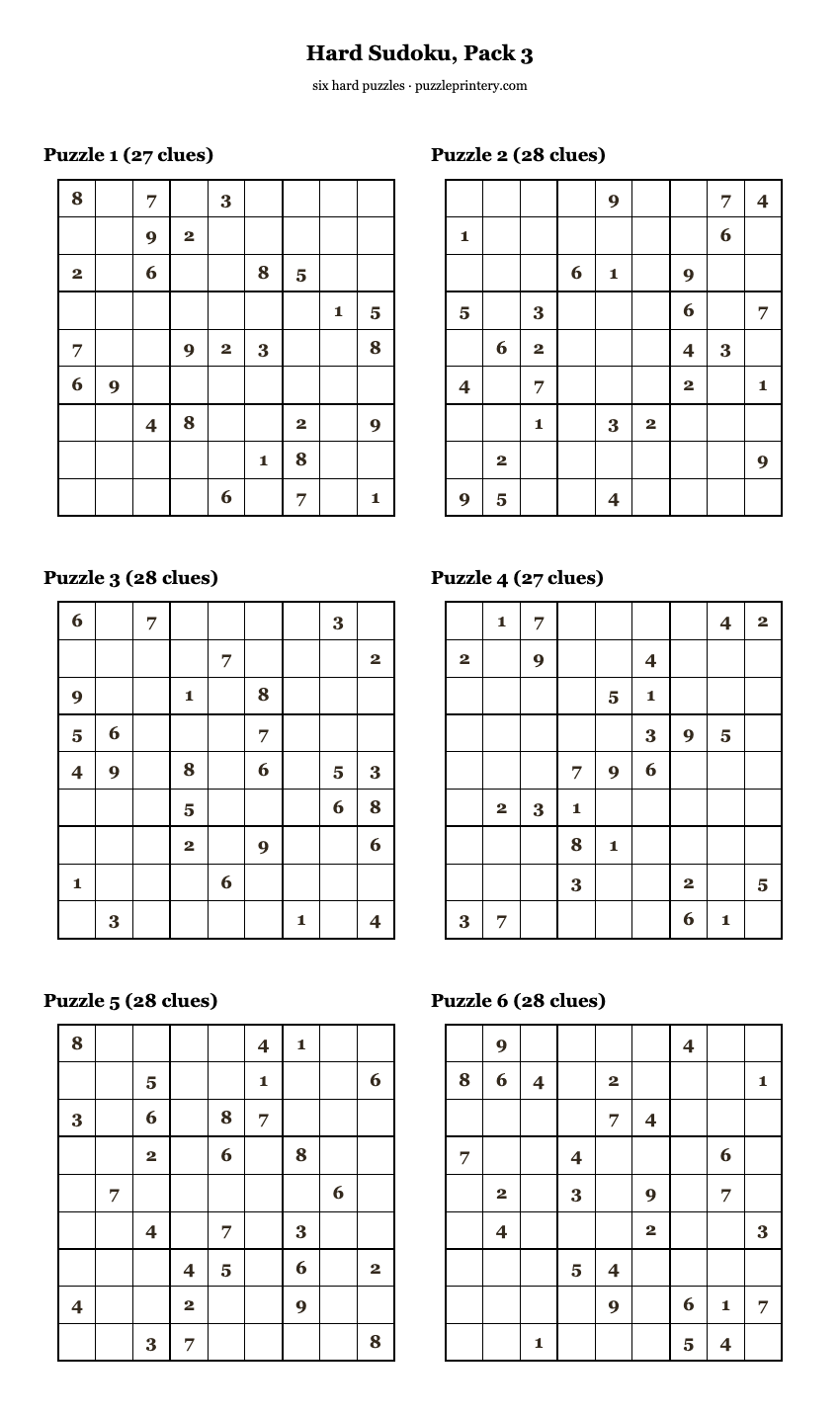 Hard Sudoku, Pack 3 printable preview