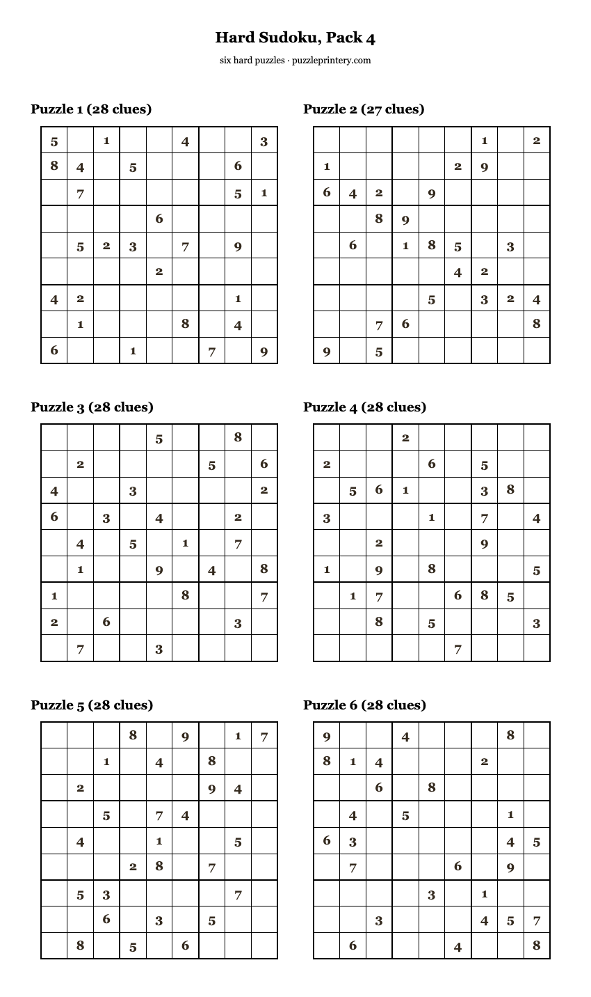 Hard Sudoku, Pack 4 printable preview