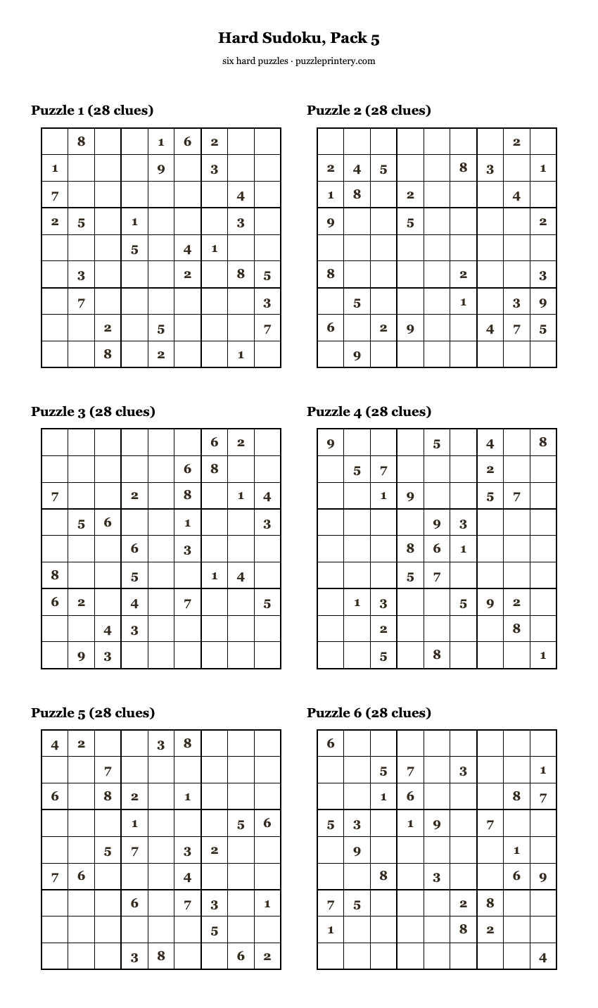 Hard Sudoku, Pack 5 printable preview