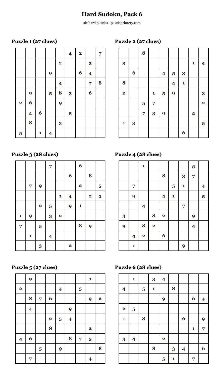 Hard Sudoku, Pack 6 printable preview