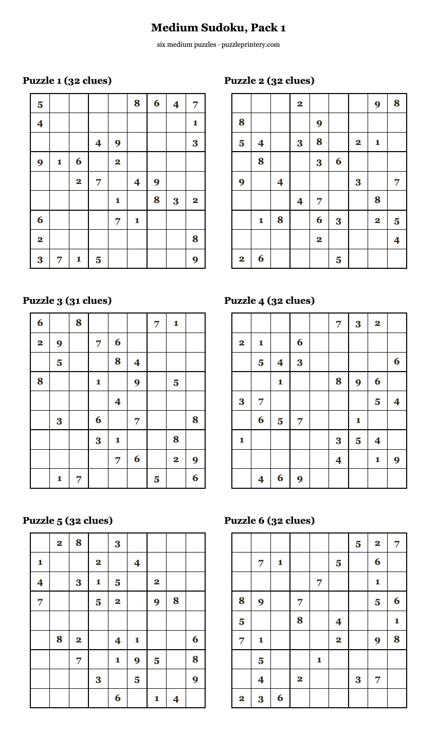 Medium Sudoku, Pack 1 printable preview