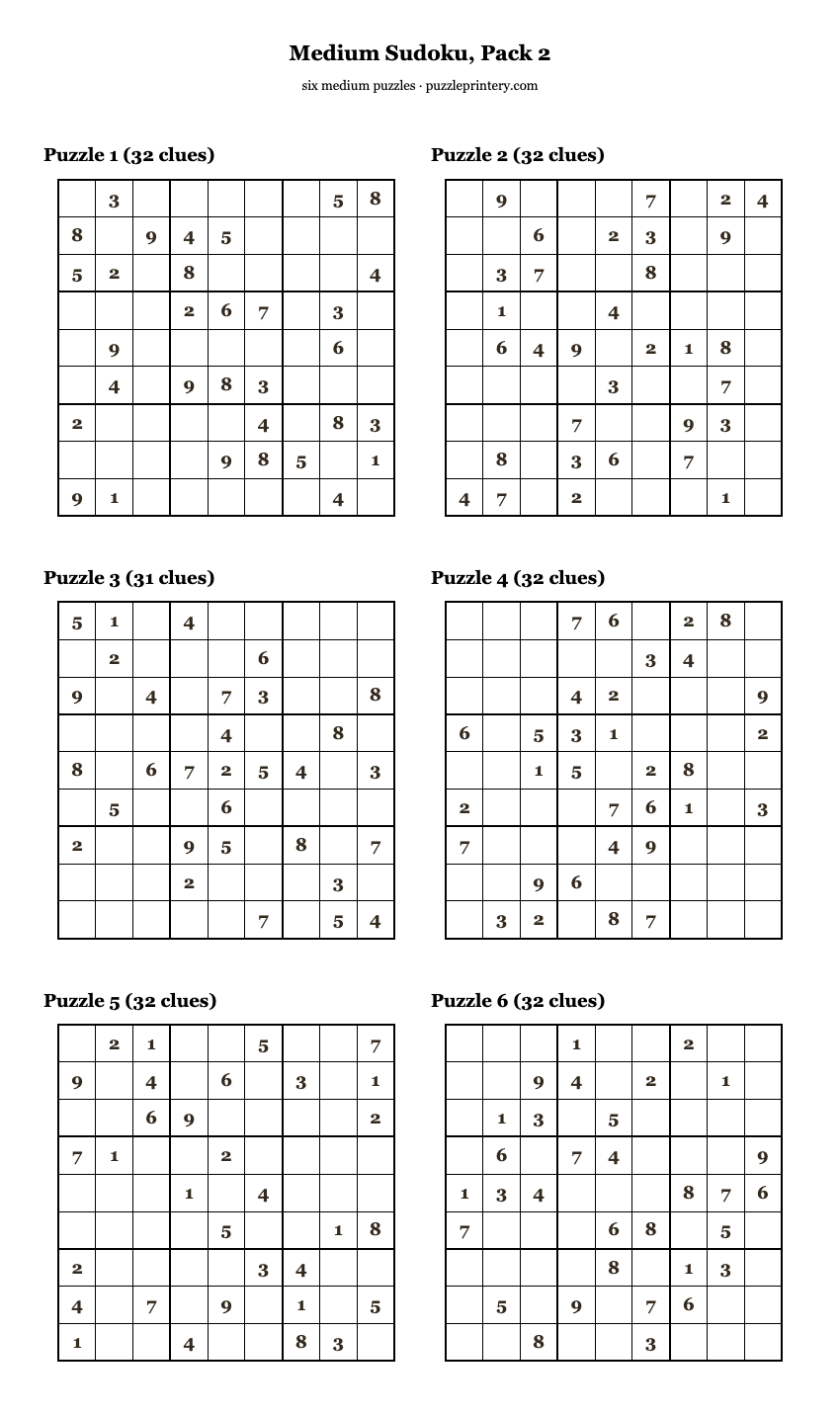 Medium Sudoku, Pack 2 printable preview