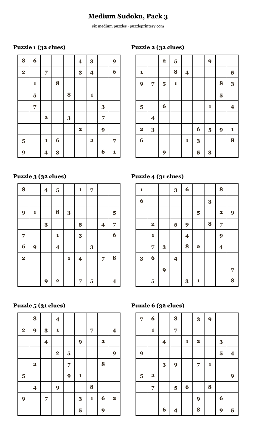 Medium Sudoku, Pack 3 printable preview