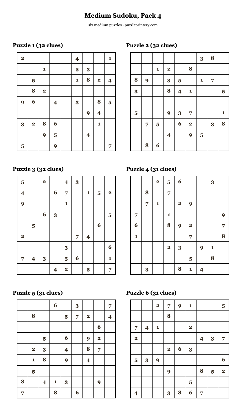 Medium Sudoku, Pack 4 printable preview