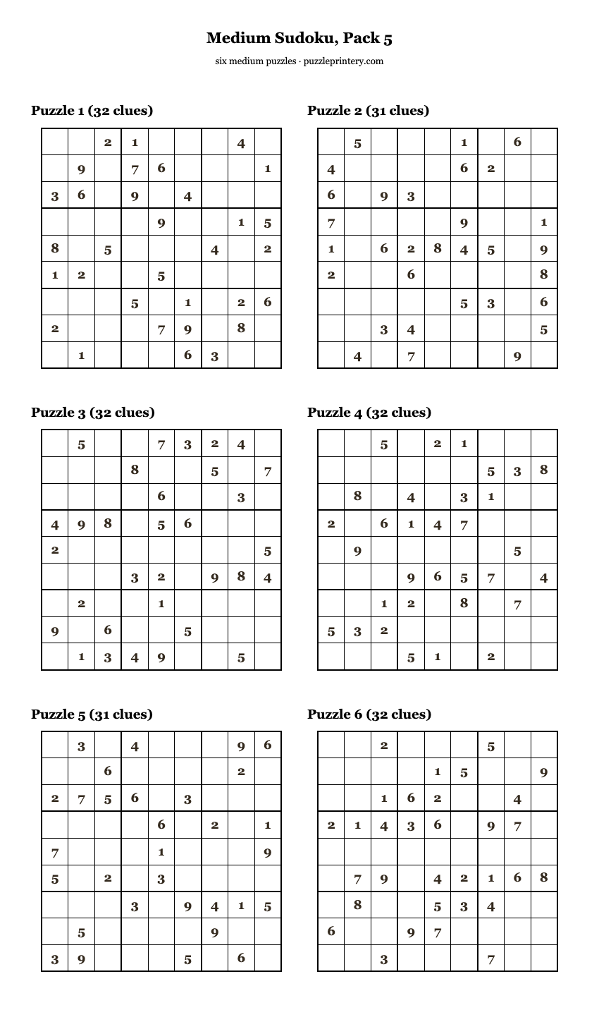 Medium Sudoku, Pack 5 printable preview