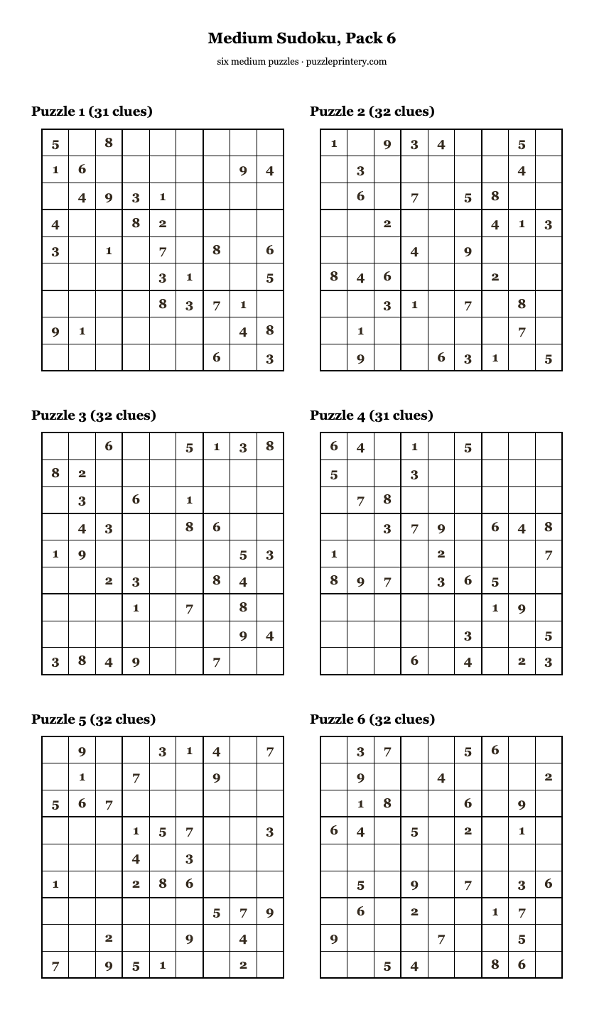 Medium Sudoku, Pack 6 printable preview