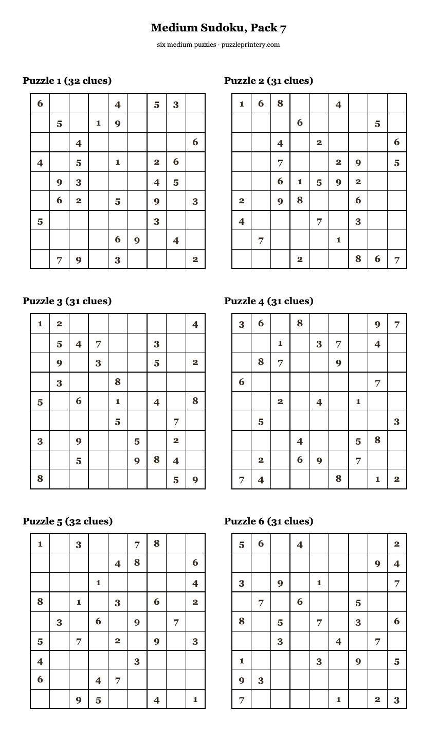 Medium Sudoku, Pack 7 printable preview