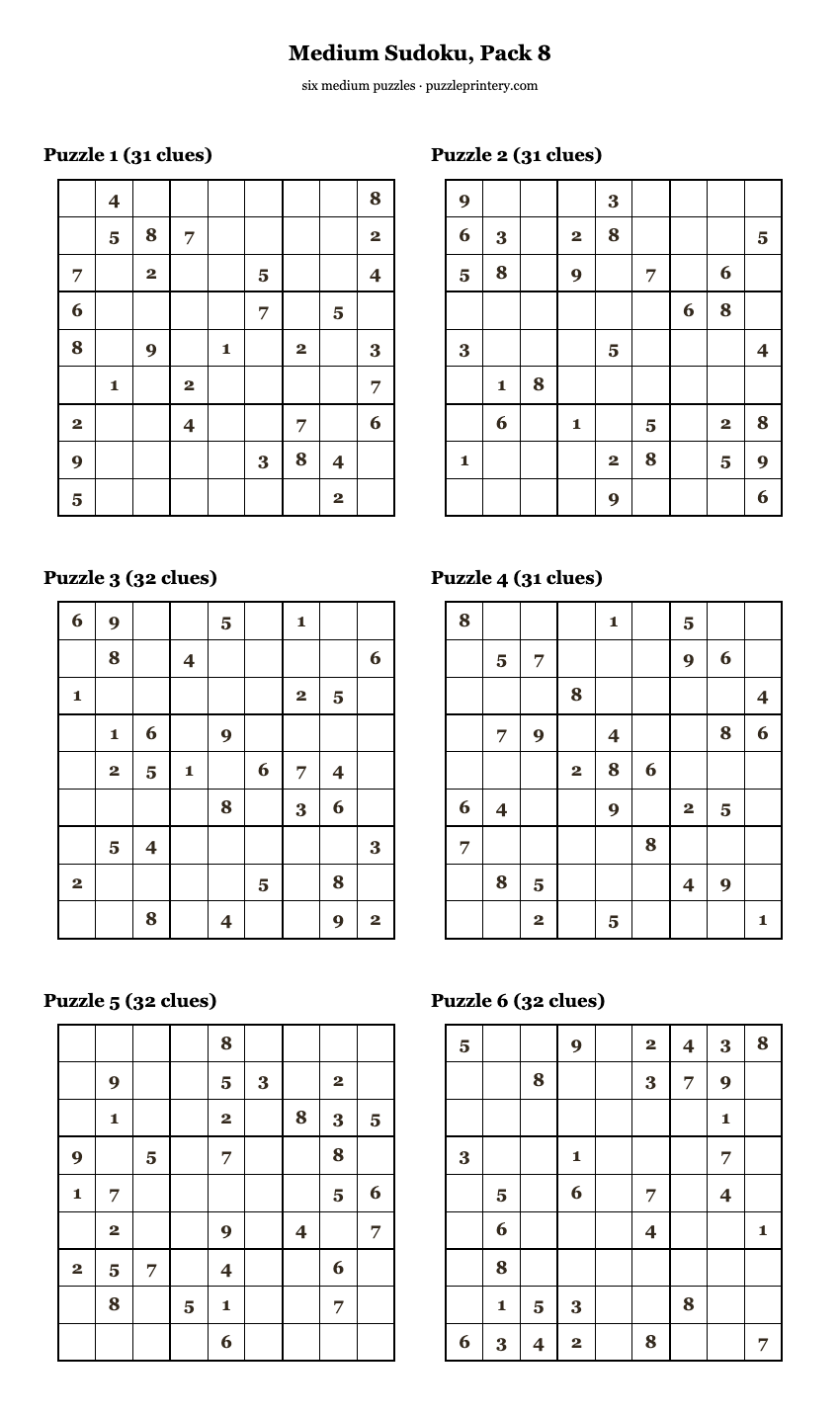 Medium Sudoku, Pack 8 printable preview