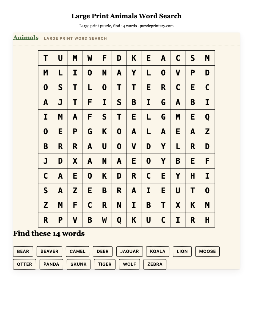 Large Print Animals Word Search printable preview