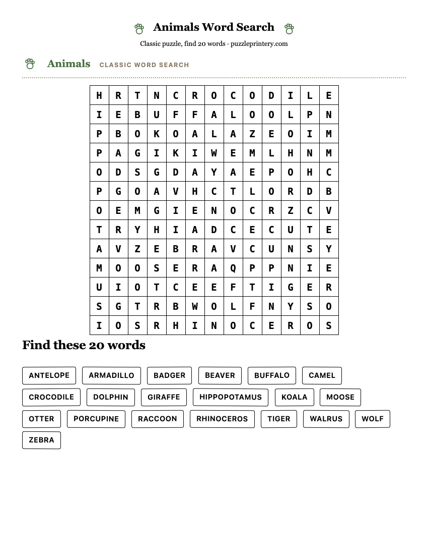 Animals Word Search printable preview