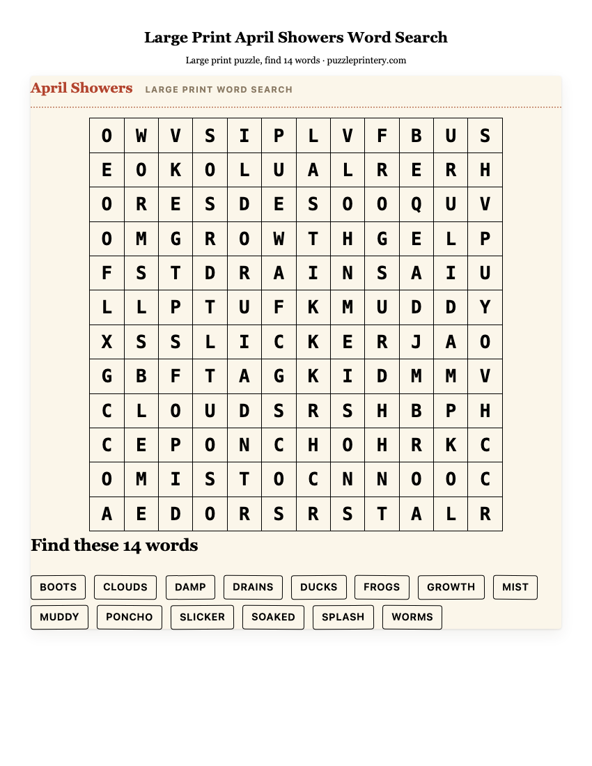 Large Print April Showers Word Search printable preview