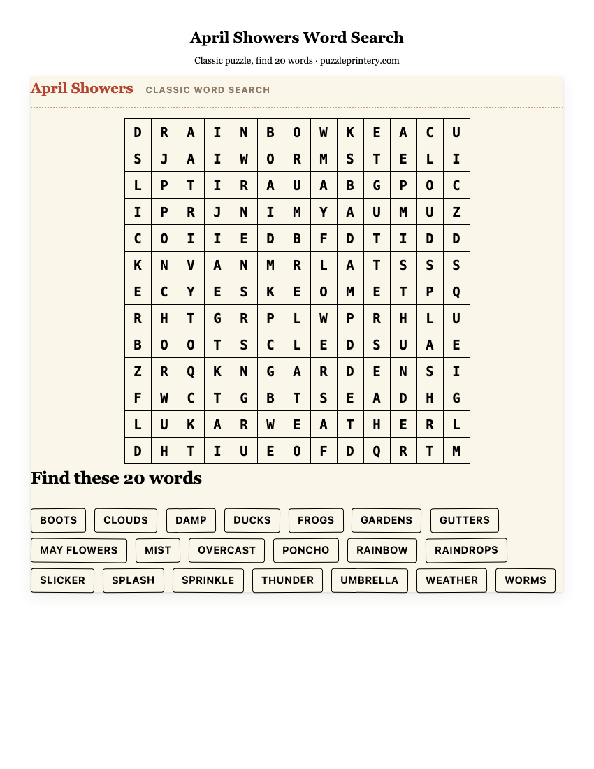 April Showers Word Search printable preview