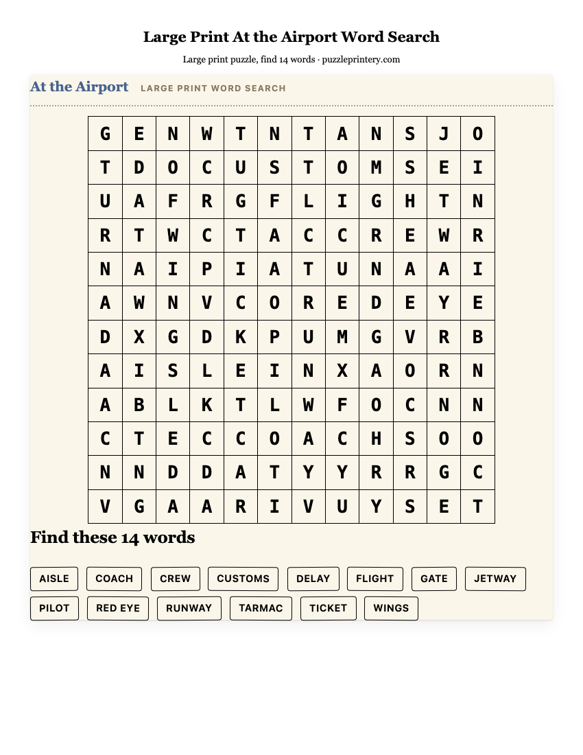 Large Print At the Airport Word Search printable preview