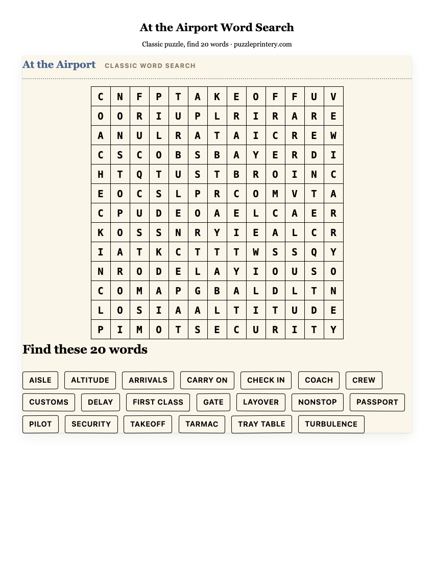 At the Airport Word Search printable preview