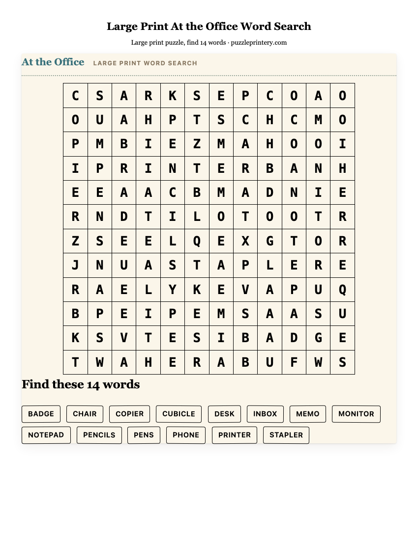 Large Print At the Office Word Search printable preview