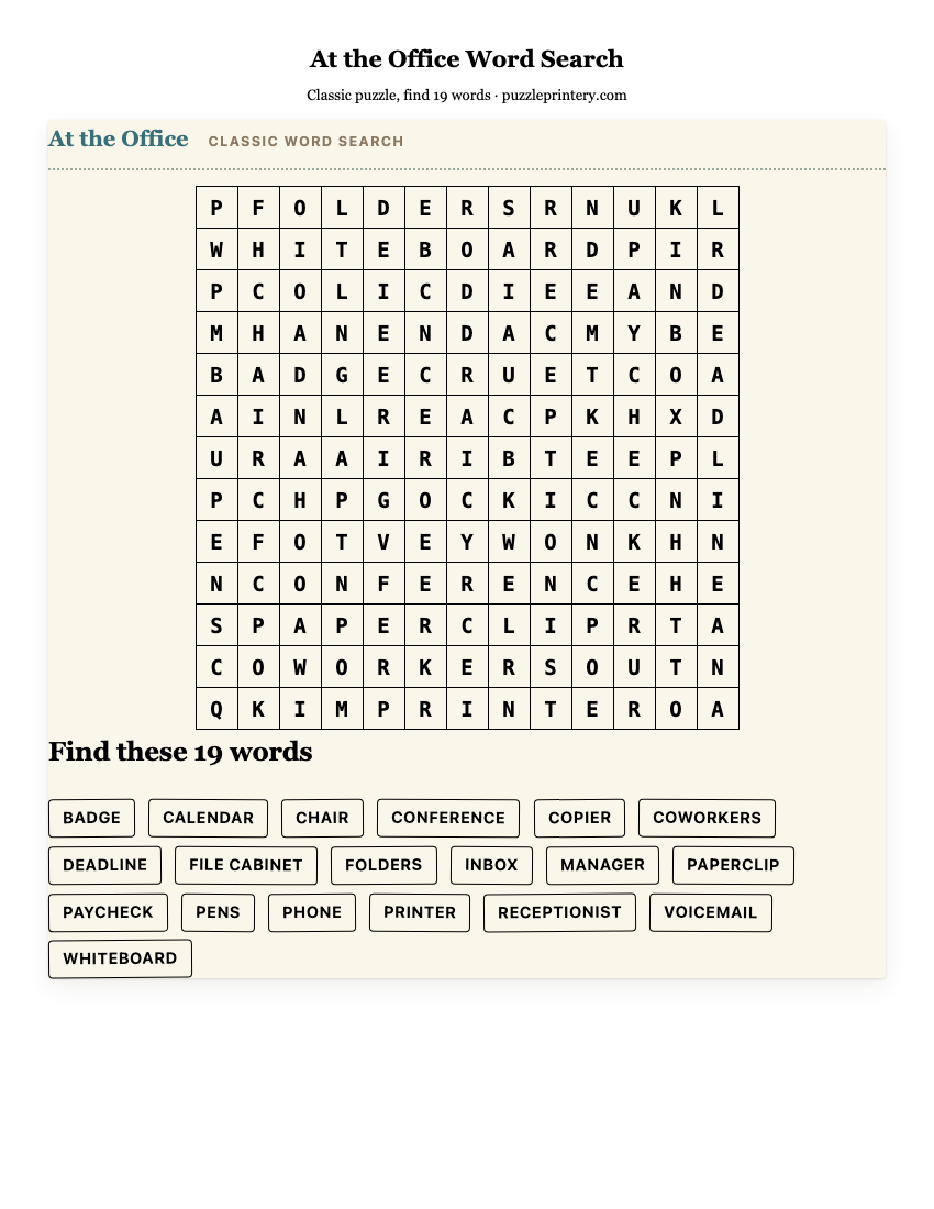 At the Office Word Search printable preview