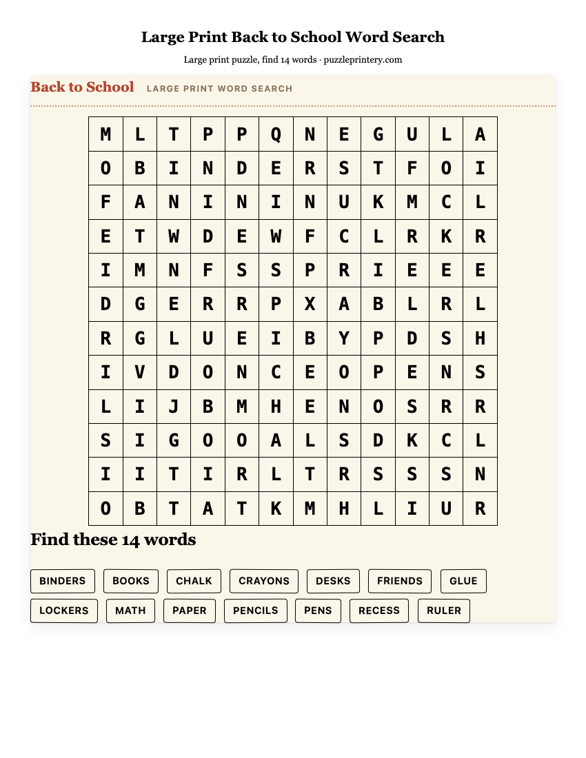Large Print Back to School Word Search printable preview