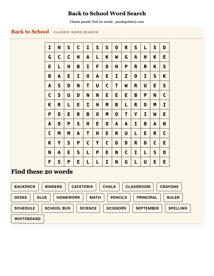 Back to School Word Search printable preview