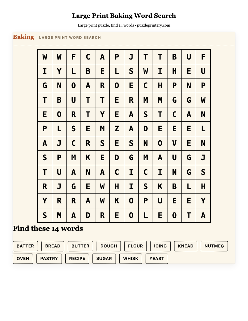 Large Print Baking Word Search printable preview
