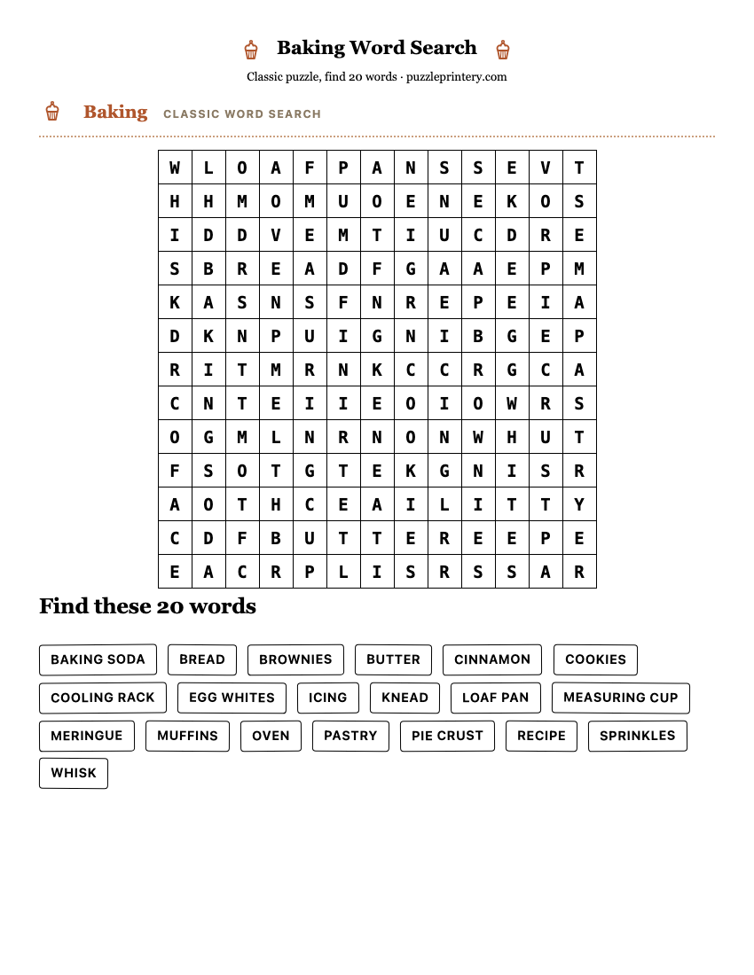 Baking Word Search printable preview