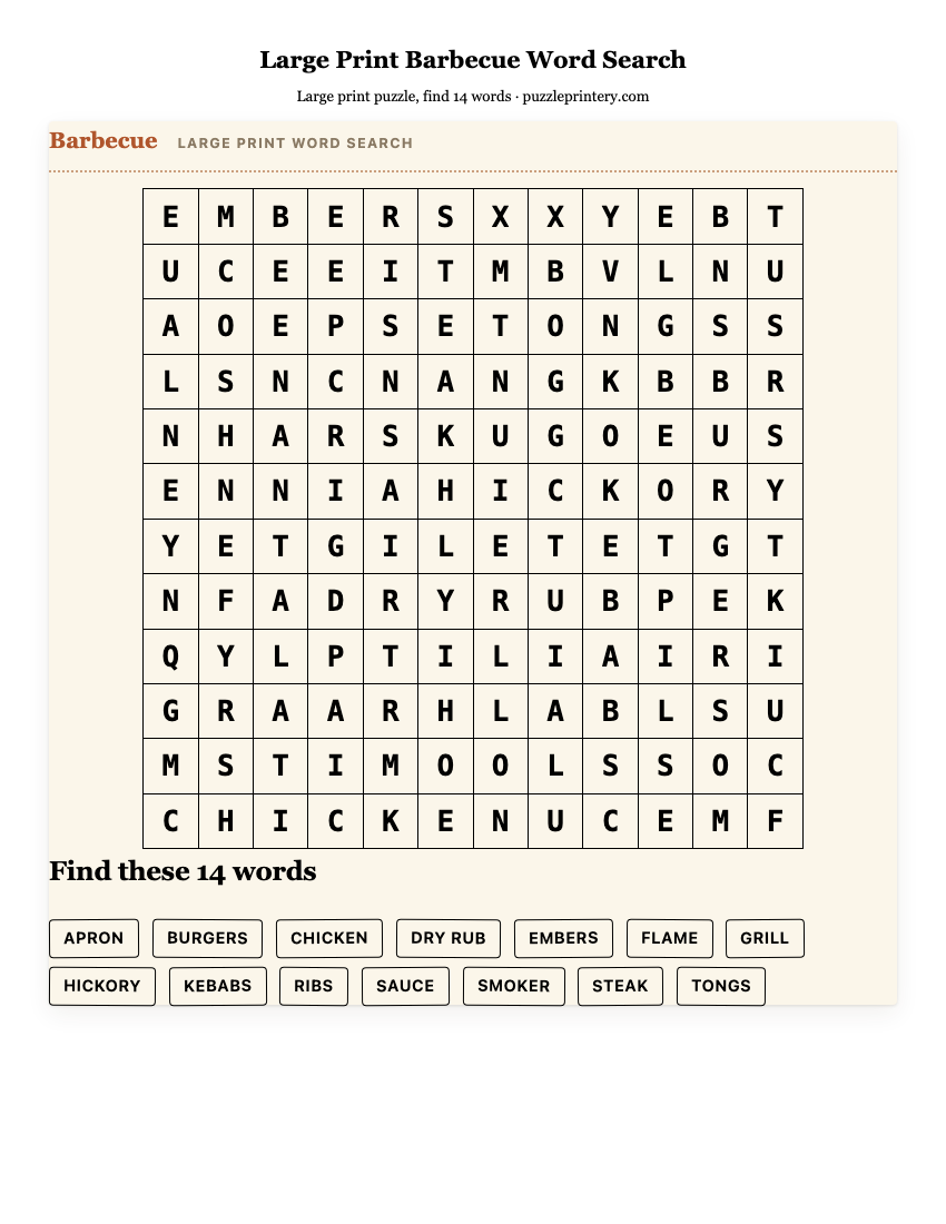 Large Print Barbecue Word Search printable preview