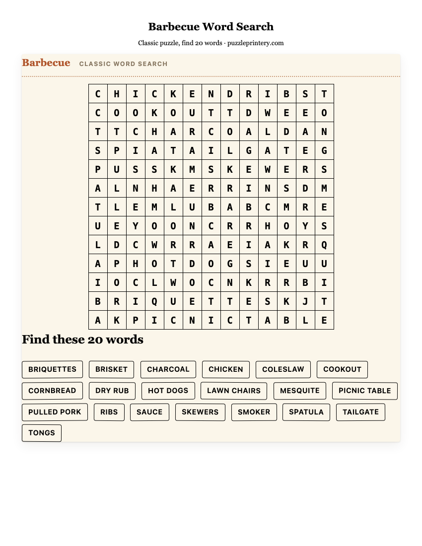 Barbecue Word Search printable preview