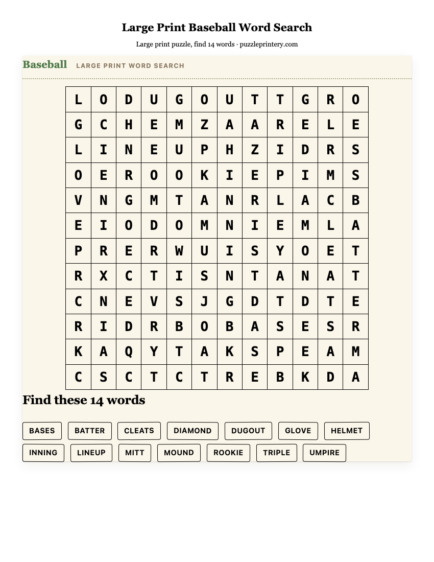 Large Print Baseball Word Search printable preview
