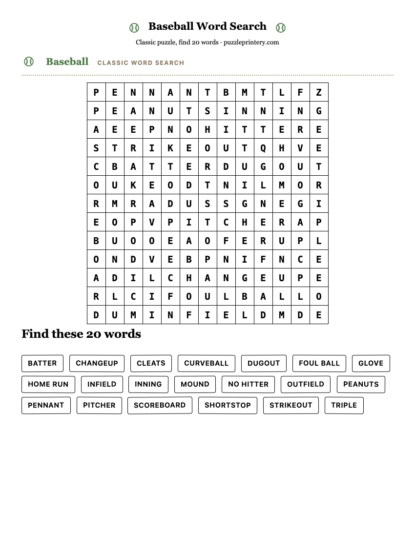 Baseball Word Search printable preview