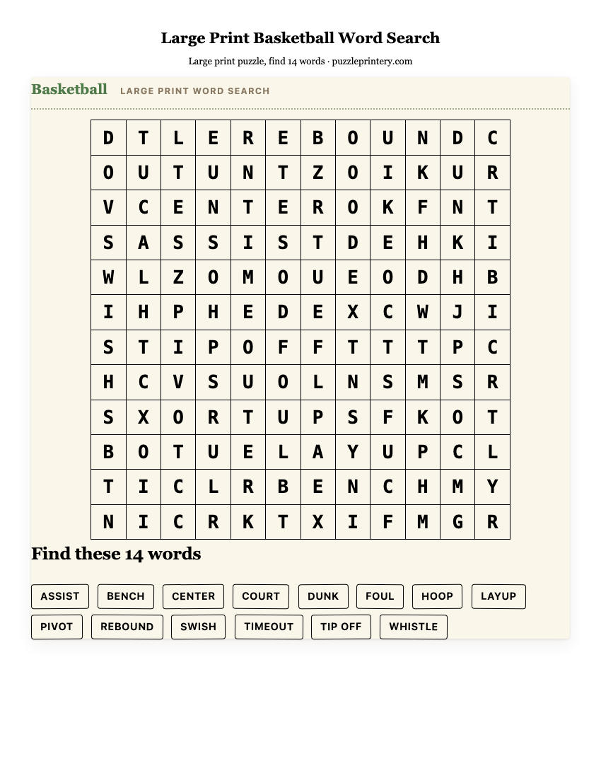 Large Print Basketball Word Search printable preview