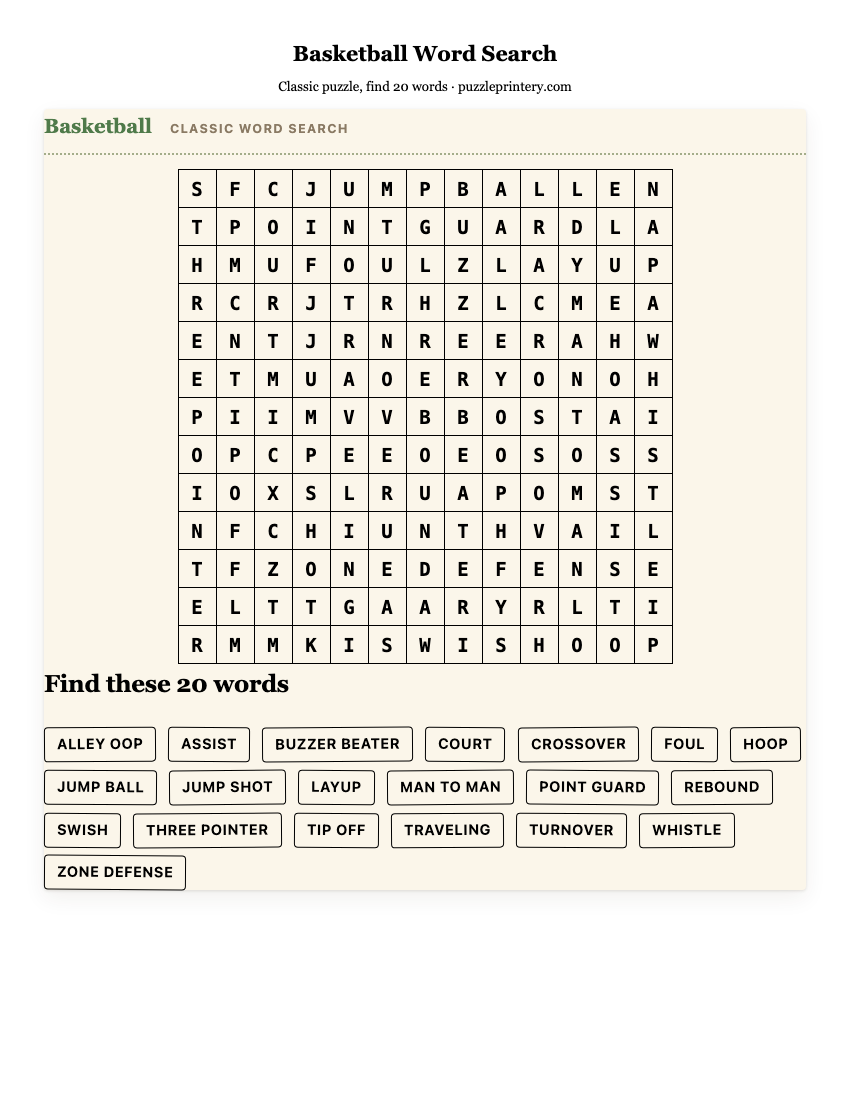 Basketball Word Search printable preview