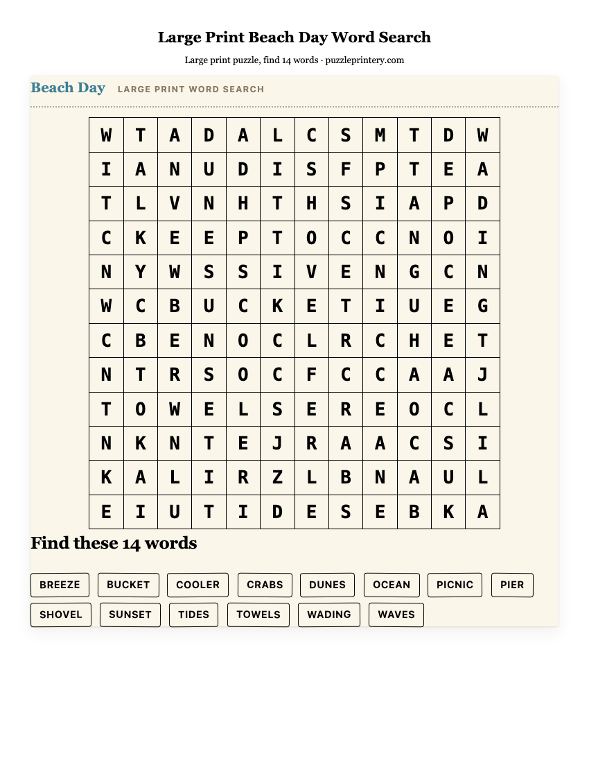 Large Print Beach Day Word Search printable preview