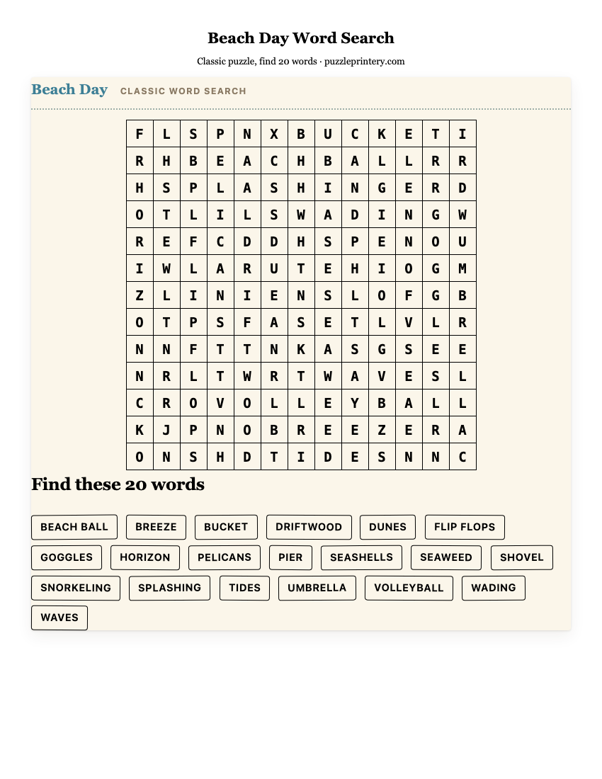 Beach Day Word Search printable preview