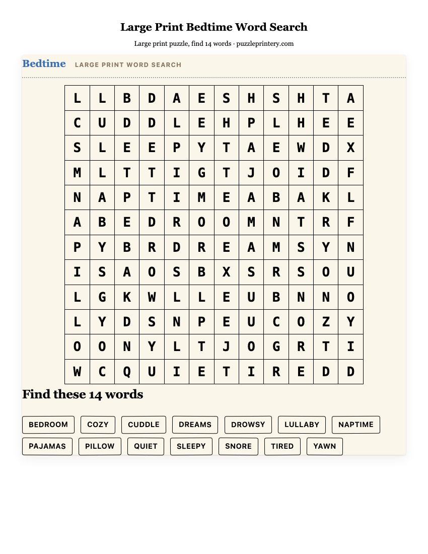 Large Print Bedtime Word Search printable preview