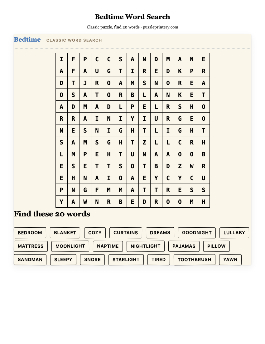 Bedtime Word Search printable preview