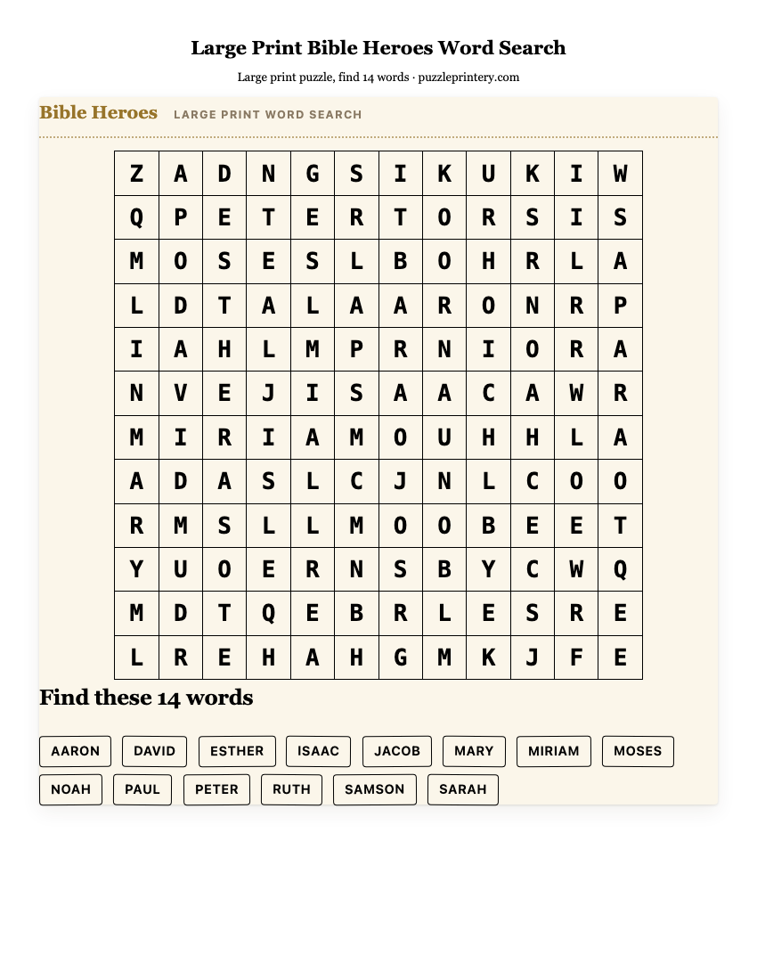 Large Print Bible Heroes Word Search printable preview