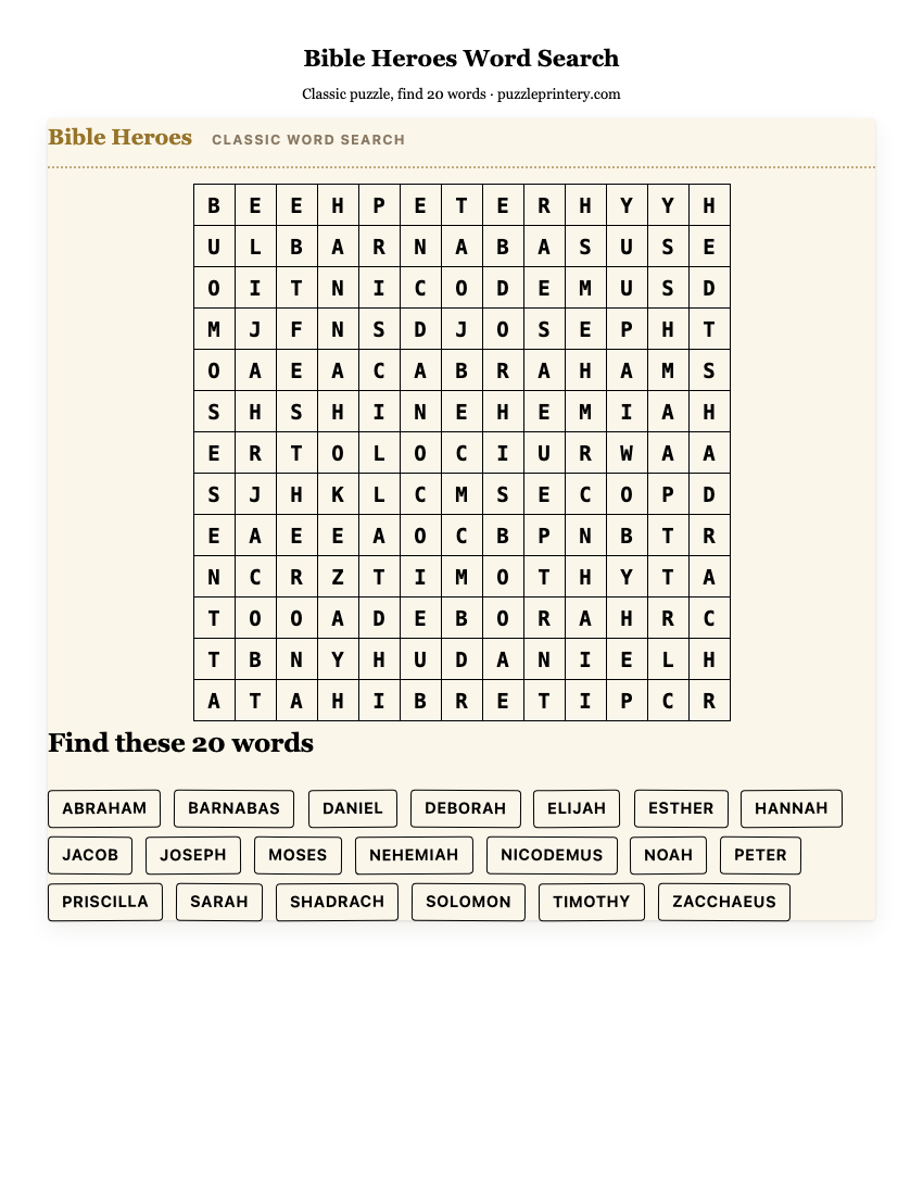 Bible Heroes Word Search printable preview
