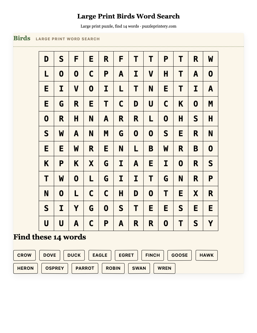 Large Print Birds Word Search printable preview
