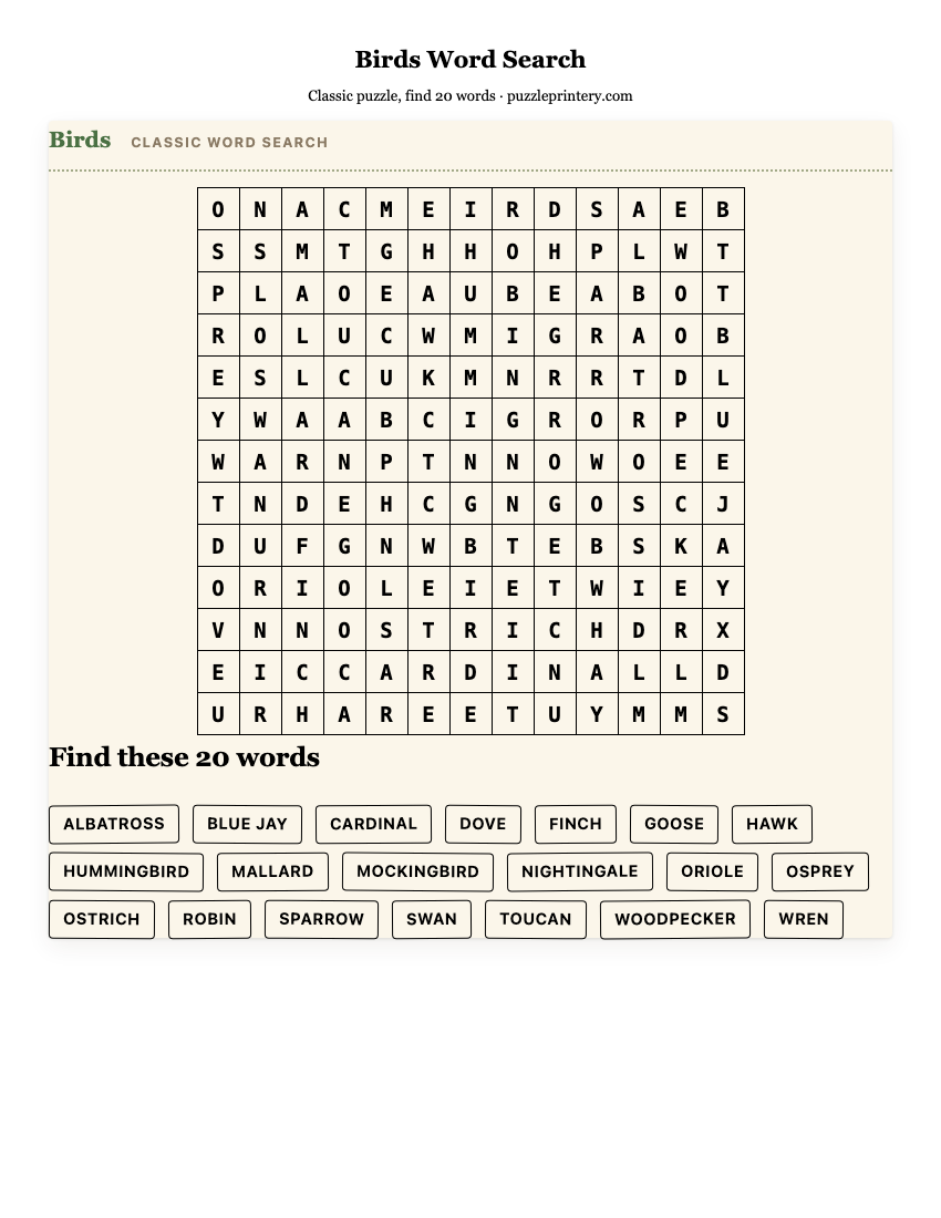 Birds Word Search printable preview