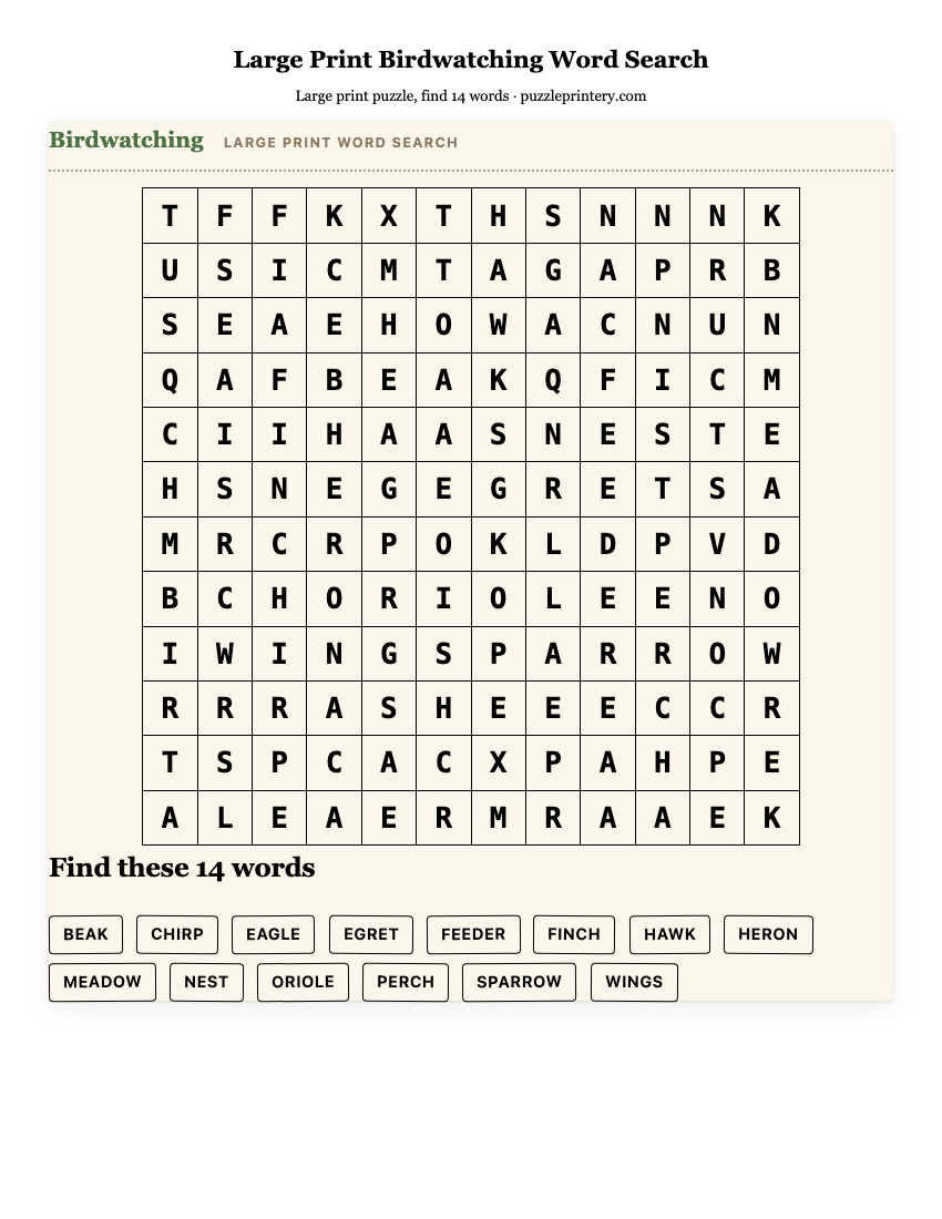 Large Print Birdwatching Word Search printable preview